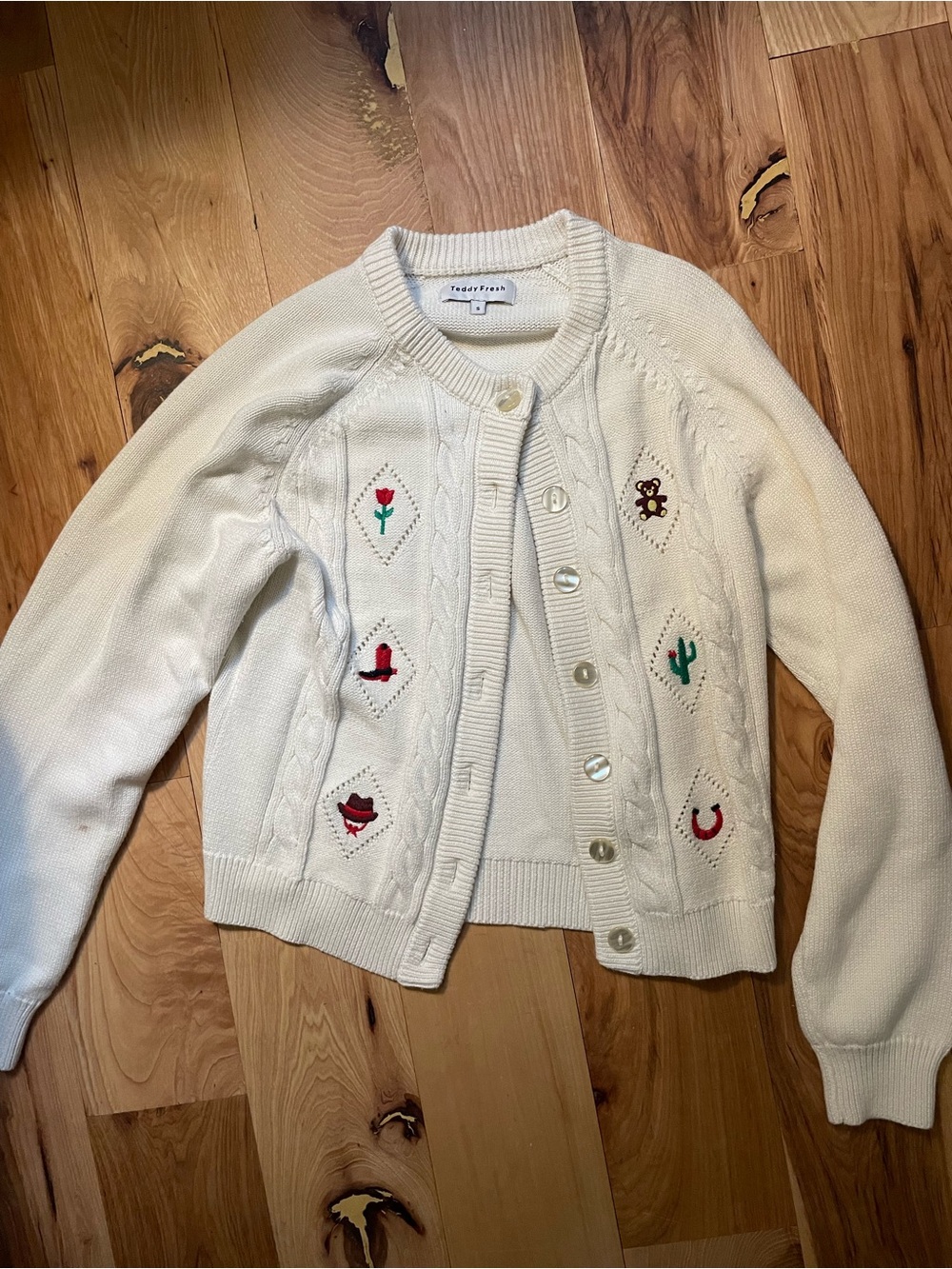 Teddy Fresh Cream Cable-Knit Cardigan with Embroidery